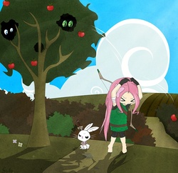 Size: 908x880 | Tagged: safe, artist:fedte, angel bunny, fluttershy, spike, g4, apple, archer, duo, humanized, tree