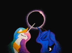 Size: 2921x2153 | Tagged: dead source, safe, artist:azdaracylius, princess celestia, princess luna, pony, g4, duo, eclipse, eyes closed, pastels (medium), solar eclipse, traditional art