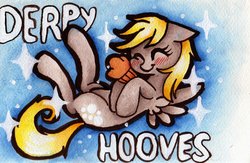 Size: 900x585 | Tagged: safe, artist:nabirar, derpy hooves, pegasus, pony, g4, cute, female, mare, muffin, traditional art