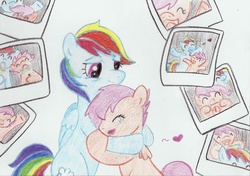 Size: 1679x1185 | Tagged: safe, artist:louis badalament, rainbow dash, scootaloo, pegasus, pony, pony pov series, g4, adopted offspring, adoption, alex warlorn, crayon drawing, crying, family, fanfic, fanfic art, female, filly, floating heart, foal, heart, heartwarming, hug, momma dash, parent:rainbow dash, photos, reharmonized ponies, scootadoption, scootalove, silly face, simple background, tears of joy, traditional art, white background