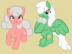 Size: 900x675 | Tagged: safe, artist:kiki-bunni, oc, oc only, oc:bunny bounce, oc:merry may, earth pony, pegasus, pony, crossed legs, duo, duo female, female, flower, looking at you, mare, open mouth, open smile, raised hoof, simple background, smiling, spread wings, tail, tan background, wings