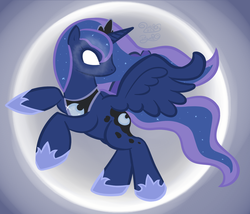 Size: 900x771 | Tagged: safe, artist:kiki-bunni, princess luna, pony, g4, female, glowing eyes, looking back, moon, rearing, solo