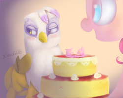 Size: 800x639 | Tagged: safe, artist:xiao668, gilda, pinkie pie, griffon, g4, cake, ship:gildapie, shipping, tsundere