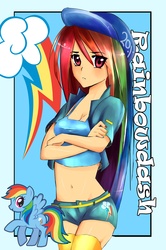 Size: 2000x3012 | Tagged: safe, artist:netamenta, rainbow dash, human, g4, belly button, cap, crossed arms, cute, dashabetes, female, hat, humanized, midriff, rainbow dash's cutie mark, solo