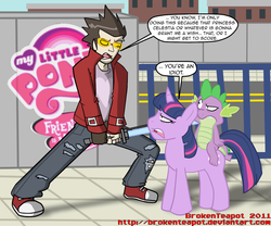 Size: 800x666 | Tagged: safe, artist:brokenteapot, spike, twilight sparkle, human, g4, beam katana, crossover, no more heroes, travis touchdown, twilight sparkle is not amused, unamused