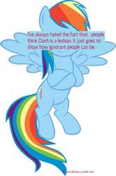 Size: 499x750 | Tagged: safe, rainbow dash, pegasus, pony, g4, adventure in the comments, crossed arms, female, mare, pony confession, simple background, solo, spread wings, text, vague, white background, wings