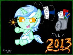 Size: 1404x1072 | Tagged: safe, artist:rammzblood, lyra heartstrings, pony, unicorn, g4, baby, baby new year, baby pony, diaper, female, filly, fireworks, hat, hoof hold, new year, sitting, smiling, solo, spanish, sparkler (firework), this will end in death, this will end in tears, this will end in tears and/or death, top hat, trash can, younger