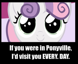Size: 666x548 | Tagged: safe, artist:mixermike622, sweetie belle, pony, g4, bronybait, c:, cute, diasweetes, dilated pupils, female, fourth wall, image macro, looking at you, smiling, solo