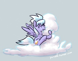 Size: 700x550 | Tagged: safe, artist:ponchuzn, cloudchaser, pegasus, pony, g4, cloud, cloud sculpting, eyes closed, female, gray background, happy, hug, mare, simple background, smiling, solo, spread wings, wings