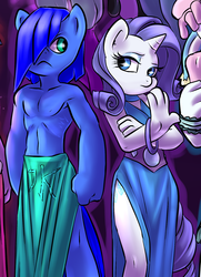 Size: 1321x1824 | Tagged: safe, artist:atryl, rarity, oc, oc:agua, anthro, g4, anthro oc, bracelet, clothes, partial nudity, topless, water