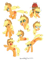 Size: 669x893 | Tagged: safe, artist:brenda hickey, applejack, earth pony, pony, g4, ^^, apple, barrel, bucket, bucking, compilation, cute, eyes closed, female, jackabetes, mare, open mouth, simple background, solo, white background