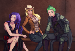 Size: 1173x807 | Tagged: safe, artist:songoftheshoebox, applejack, rarity, spike, g4, crossover, fallout, humanized