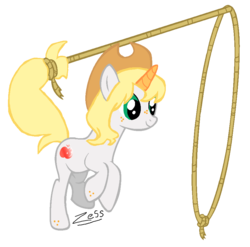 Size: 911x899 | Tagged: safe, artist:zesseal, oc, oc only, oc:applecrest, pony, unicorn, female, freckles, lasso, magical lesbian spawn, mare, offspring, parent:applejack, parent:rarity, parents:rarijack, rope, simple background, transparent background