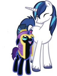 Size: 253x335 | Tagged: safe, artist:russiankolz, shining armor, oc, oc:nyx, g4, cute, diabetes, duo, eyes closed, happy, looking down, looking up, nyxabetes, open mouth, simple background, smiling, standing, uncle and niece, youngest immortal