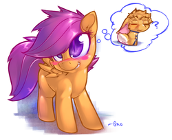 Size: 666x543 | Tagged: safe, artist:0r0ch1, scootaloo, oc, oc:0r0ch1, g4, blushing, furry, non-mlp oc, thought bubble