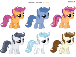 Size: 3600x2700 | Tagged: safe, artist:moongazeponies, artist:pika-robo, archer (character), cotton cloudy, featherweight, rumble, scootablue, scootaloo, scootaloo (g3), pegasus, pony, g3, g4, alternate clothes, ember's worst nightmare, female, filly, foal, g3 to g4, generation leap, palette swap, recolor, rule 63, simple background, transparent background