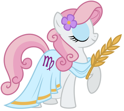 Size: 1031x923 | Tagged: safe, virgo (g4), earth pony, pony, g4, clothes, dress, eyes closed, eyeshadow, female, flower, flower in hair, makeup, ponyscopes, pregnant, pregnant edit, simple background, solo, virgo, white background, zodiac