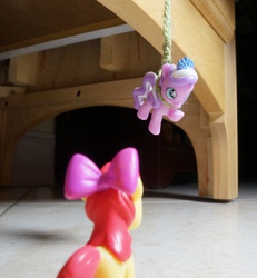 Size: 753x816 | Tagged: safe, artist:glamador, apple bloom, diamond tiara, g4, abuse, blind bag, hanging, hanging (by neck), irl, photo, tiarabuse, toy, yarn