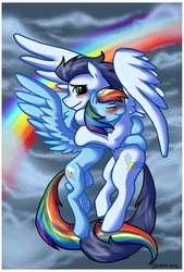 Size: 608x900 | Tagged: safe, artist:black-namer, rainbow dash, soarin', pegasus, pony, g4, blushing, duo, eyes closed, female, flying, hug, male, mare, rainbow, ship:soarindash, shipping, smiling, stallion, straight