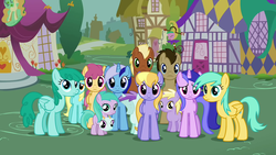 Size: 1280x720 | Tagged: safe, artist:capnpea, edit, edited screencap, screencap, aura (g4), cloud kicker, dinky hooves, dizzy twister, doctor whooves, liza doolots, meadow song, minuette, orange swirl, petunia, sassaflash, sea swirl, seafoam, spring melody, sprinkle medley, sunshower raindrops, time turner, tootsie flute, earth pony, pony, g4, it's about time, background pony, background pony audience, face, female, filly, male, mare, mask, modular, no face, stallion, tootsie flute mask, wat