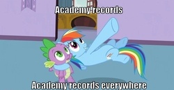 Size: 500x260 | Tagged: safe, rainbow dash, spike, g4, spike at your service, academy record, image macro, meme, x x everywhere