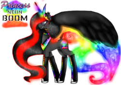 Size: 500x349 | Tagged: safe, artist:nekomellow, oc, oc only, oc:princess neon boom, alicorn, original species, pony, alicorn oc, colored horn, colored wings, donut steel, ethereal mane, female, horn, jewelry, mare, multicolored wings, neon, neon pony, rainbow tail, rainbow wings, regalia, simple background, solo, transparent background