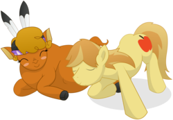 Size: 15000x10350 | Tagged: safe, artist:xniclord789x, braeburn, little strongheart, bison, buffalo, g4, absurd resolution, adoraheart, blushing, cute, female, kicking, male, pregnant, ship:braeheart, shipping, simple background, straight, transparent background, wat