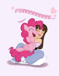 Size: 610x790 | Tagged: safe, artist:dltoon, pinkie pie, human, g4, cropped, cute, diapinkes, hug, hugging a pony, human on pony snuggling, snuggling