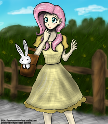 Size: 735x840 | Tagged: dead source, safe, artist:apple-jack-daniels, artist:johnjoseco, angel bunny, fluttershy, human, g4, clothes, colored, crossover, dorothy gale, dress, humanized, the wizard of oz, toto