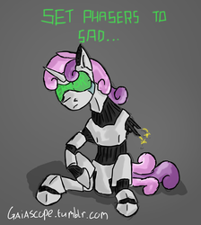 Size: 1280x1427 | Tagged: safe, artist:gaiascope, sweetie belle, pony, robot, robot pony, unicorn, g4, 30 minute art challenge, amputee, error, female, filly, frown, gray background, hooves, horn, sad, simple background, sitting, solo, sweetie bot, text