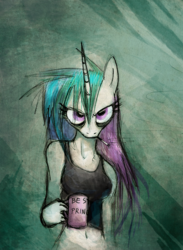 Size: 600x819 | Tagged: safe, artist:foxinshadow, princess celestia, anthro, g4, cigarette, coffee, female, grumpy, morning ponies, smoking, solo, traditional art