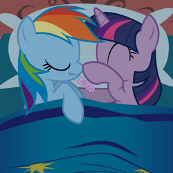 Size: 657x657 | Tagged: safe, artist:somepony, rainbow dash, twilight sparkle, g4, ask, asksparklesanddashie, bed, boop, female, in bed, lesbian, scrunchy face, ship:twidash, shipping, sleeping, tumblr