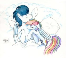 Size: 900x802 | Tagged: safe, artist:crazydiary86, rainbow dash, soarin', g4, pillow, ship:soarindash, shipping, sleeping, traditional art