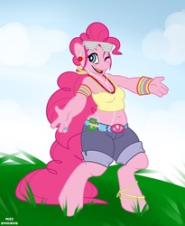 Size: 750x914 | Tagged: safe, artist:muzz, pinkie pie, earth pony, anthro, unguligrade anthro, g4, breasts, chubby, cleavage, female, midriff, plump, solo