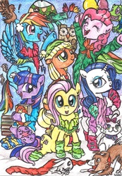 Size: 1996x2880 | Tagged: safe, artist:ladydekaro, angel bunny, applejack, fluttershy, gummy, opalescence, owlowiscious, pinkie pie, rainbow dash, rarity, tank, twilight sparkle, winona, g4, book, clothes, earmuffs, mane six, scarf, snow, sweater, traditional art