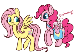 Size: 500x358 | Tagged: safe, artist:lulubell, fluttershy, pinkie pie, oc, oc:candy floss, earth pony, pegasus, pony, g4, family, female, filly, foal, lesbian, magical lesbian spawn, mare, next generation, offspring, parent:fluttershy, parent:pinkie pie, parents:flutterpie, pregnant, pronking, ship:flutterpie, shipping, simple background, transparent background