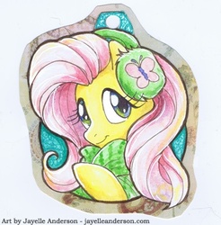 Size: 376x382 | Tagged: safe, artist:jayelle-anderson, fluttershy, pony, g4, earmuffs, female, lowres, ornament, solo, traditional art