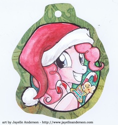 Size: 415x437 | Tagged: safe, artist:jayelle-anderson, pinkie pie, earth pony, pony, g4, candy, female, hat, lowres, ornament, santa hat, solo, traditional art