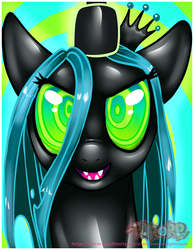 Size: 550x710 | Tagged: safe, artist:farorenightclaw, queen chrysalis, changeling, changeling queen, g4, crown, evil grin, eyes, female, grin, hypnosis, jewelry, kaa eyes, looking at you, regalia, smiling