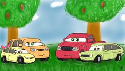 Size: 3500x2000 | Tagged: dead source, safe, artist:pancake-ss, apple bloom, applejack, big macintosh, granny smith, earth pony, pony, g4, car, carified, cars (pixar), crossover, ford, ford escape, ford f-150, ford fiesta, ford focus, male, pixar, stallion