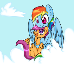 Size: 1000x1000 | Tagged: dead source, safe, artist:sweetypiethefox147, rainbow dash, scootaloo, pegasus, pony, g4, cloud, cloudy, duo, duo female, female, filly, hug, looking at someone, mare, scootalove, sitting, sky