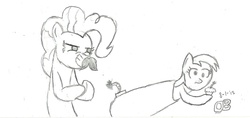 Size: 1849x872 | Tagged: safe, artist:oblivionbinder, derpy hooves, pinkie pie, earth pony, pegasus, pony, g4, fake moustache, female, mare, moustache, muffin, party cannon, pony cannonball