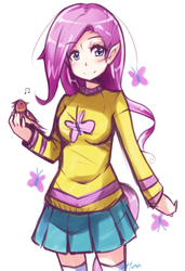 Size: 719x1050 | Tagged: safe, artist:hua, fluttershy, human, g4, clothes, humanized, skirt, solo, sweater, sweatershy, tailed humanization