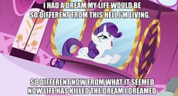 Size: 680x371 | Tagged: safe, edit, edited screencap, screencap, rarity, pony, g4, lesson zero, caption, female, image macro, les miserables, marshmelodrama, solo