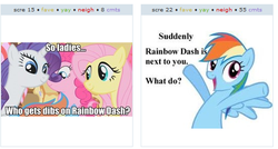 Size: 529x284 | Tagged: safe, fluttershy, pinkie pie, rainbow dash, rarity, g4, exploitable meme, juxtaposition, juxtaposition win