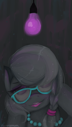 Size: 727x1280 | Tagged: safe, artist:fluoromuds, silver spoon, earth pony, pony, g4, bust, female, glasses, lightbulb, portrait, solo