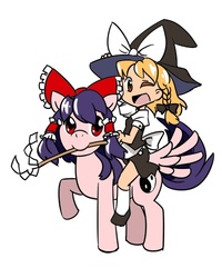 Size: 400x500 | Tagged: safe, artist:雑草丸子, human, pegasus, duo, duo female, female, hakurei reimu, humans riding ponies, kirisame marisa, one eye closed, open mouth, pixiv, ponified, riding, simple background, touhou, white background, wink