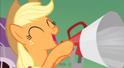 Size: 854x471 | Tagged: safe, screencap, applejack, g4, megaphone, youtube caption