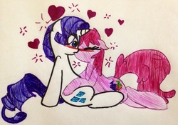 Size: 2048x1434 | Tagged: safe, artist:miss-zi-zi, berry punch, berryshine, rarity, g4, berrity, blushing, female, heart, kissing, lesbian, shipping, traditional art