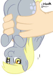 Size: 664x952 | Tagged: safe, artist:elslowmo, artist:redintravenous, derpy hooves, human, pony, g4, :t, butt, chubby, cute, hand, holding a pony, honk, nose wrinkle, plot, smiling, upside down